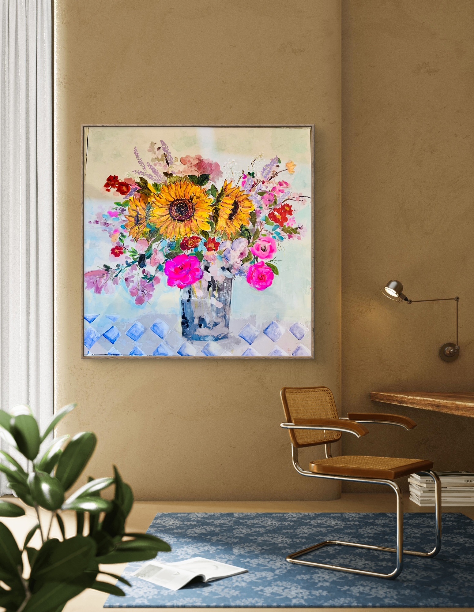 Abstract Vibrant Bouquet of Flowers Framed 60cm x 60 cm - Image 4
