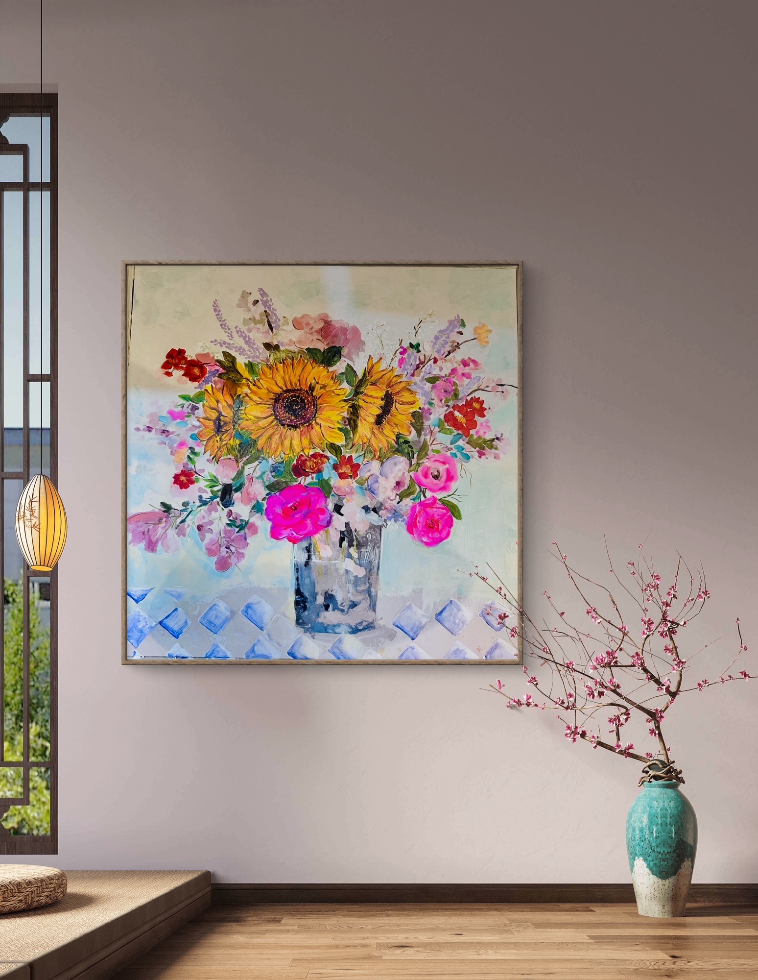 Abstract Vibrant Bouquet of Flowers Framed 60cm x 60 cm - Image 2
