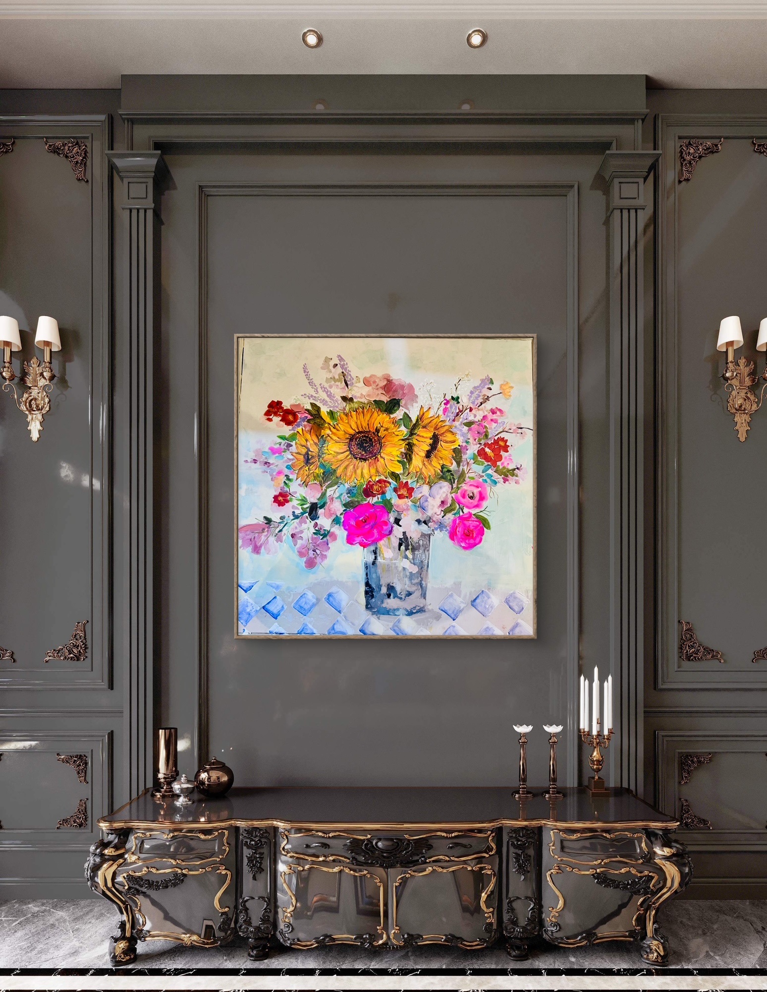 Abstract Vibrant Bouquet of Flowers Framed 60cm x 60 cm - Image 3